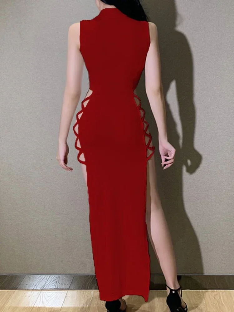 Sexy lado split cruz bandagem bodycon vestido feminino cor sólida sem mangas assimétrico vestido magro elegante clube festa vestidos