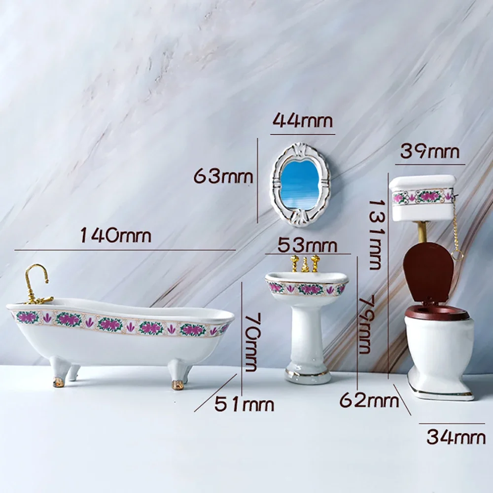 4 ชิ้น 1/12 Dollhouse Miniature อุปกรณ์เสริม Mini ชุดห้องน้ําอ่างอาบน้ํากระจกอ่างล้างหน้าสําหรับตุ๊กตาตกแต่ง ob11