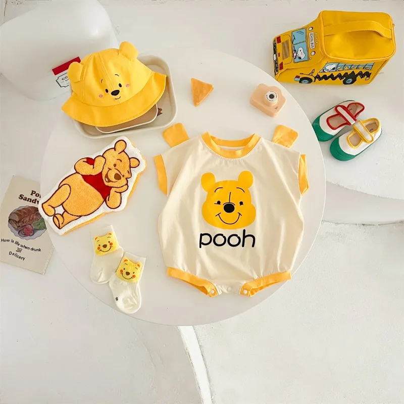 Cartoon Disney Pooh Rompers Cartoon Triangle Summer Soft Cotton Photo Suit Baby Clothing Bodysuits Newborn Clothes K2461-2