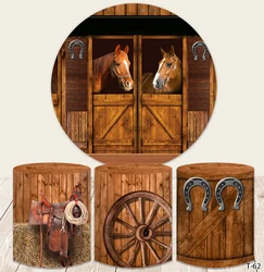 Round Backdrop Western Cowboy Horse Country Farm Wooden Barn Door Kids Birthday Party Decor Circle Background Photo Studio