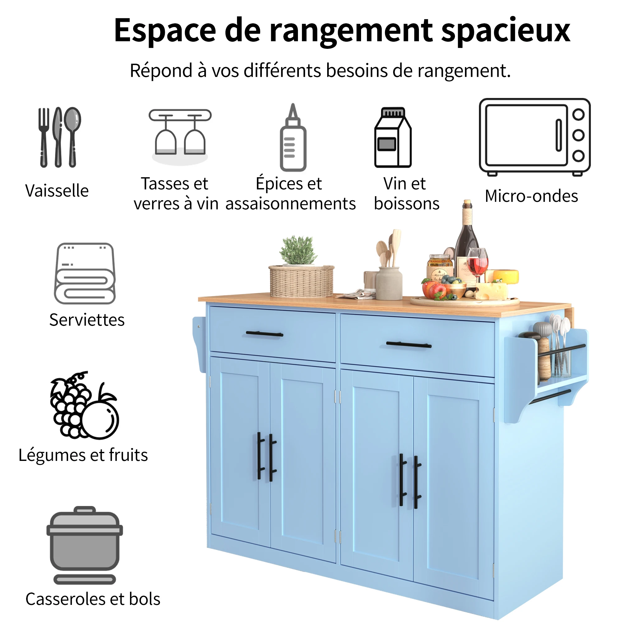 Serving trolley with folding tabletop, 120x46(70) X91 cm, blue, with rolls and interchangeable wooden legs, ideal for kitchen