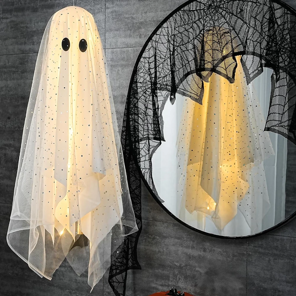 Halloween Decorations outdoor/indoor-3pcs Hanging Ghost Decor with Light,Halloween Ornaments,Hallowee n Decor for Porch,Tree