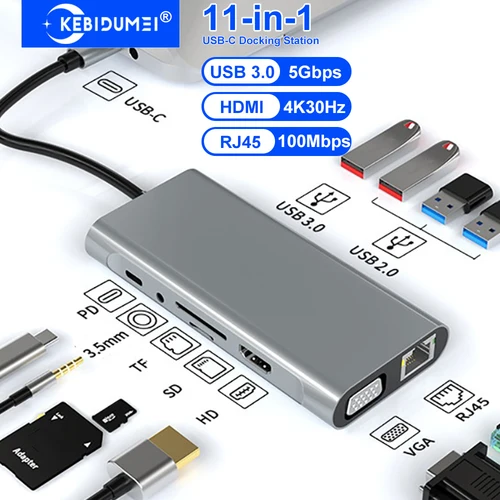 Imagen 1 del producto Base de Conexión USB KEBIDUMEI 11 en 1, HUB USB 3.0, Divisor USB C a HDMI 4K, VGA, PD, RJ45, Adaptador de Red de 100M para Portátil