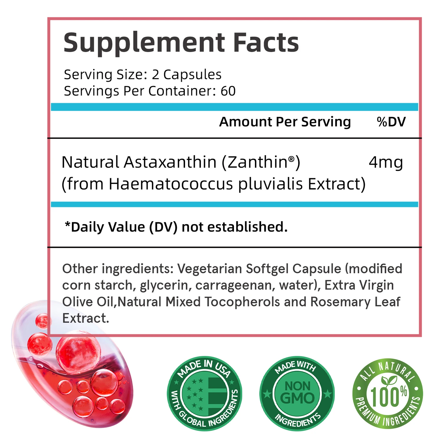 Astaxanthin - Supports Eyes, Promotes Nervous System Health, and Improves Immunity, Non-GMO