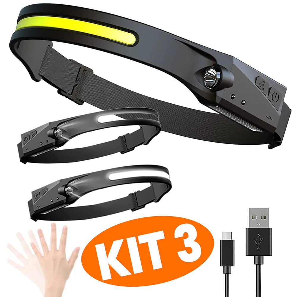 Lanterna de Cabeça Recarregável LED Com Sensor de Movimento e USB Ideal para Camping e Aventuras ao Ar Livre Design Resistente