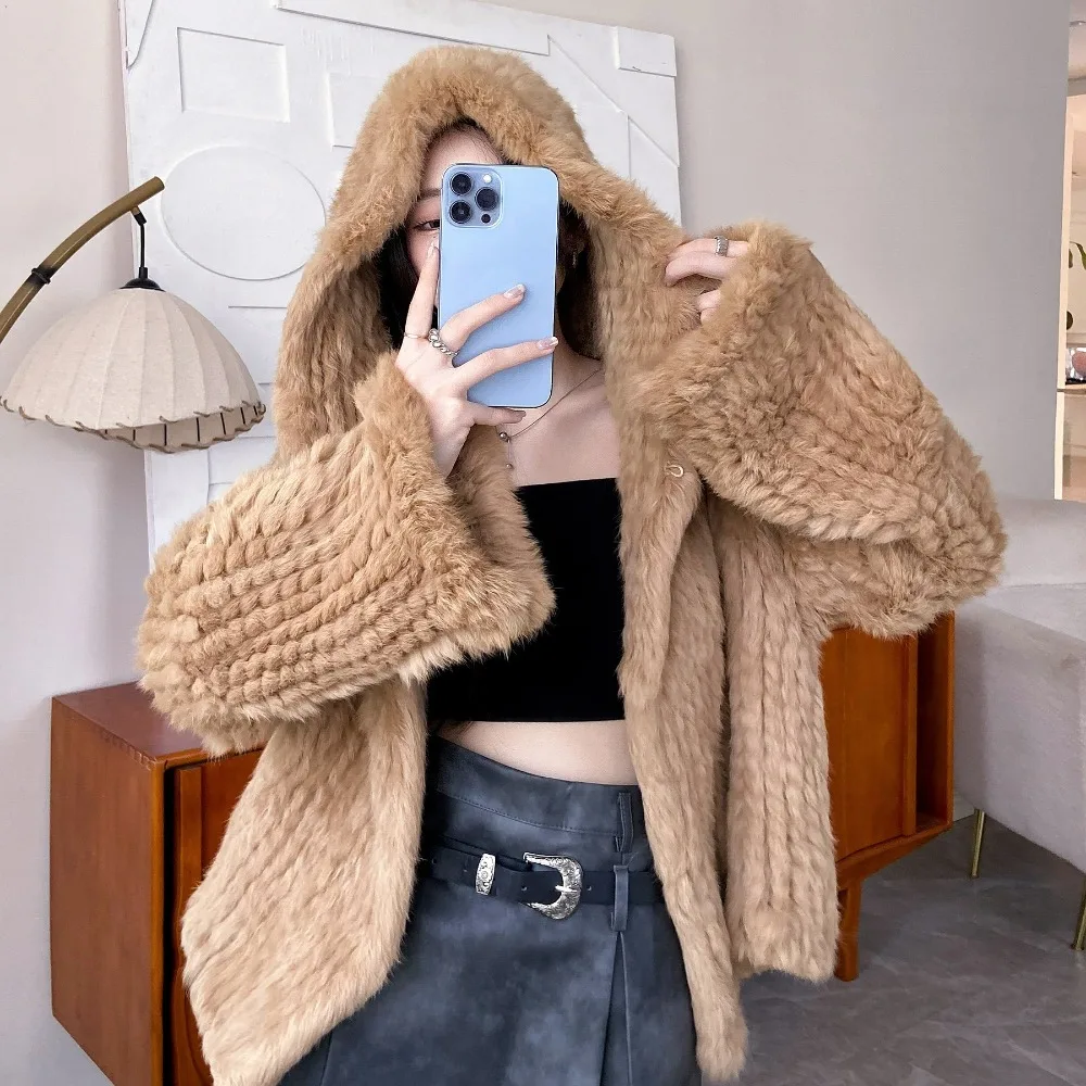 

OFTBUY женская шуба из кроличьего меха, осенне-зимняя утолщенная двусторонняя короткая куртка из натурального меха ручной работы с капюшоном