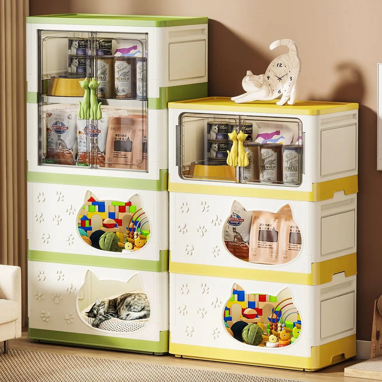 

Для 60 см складной шкаф для хранения кошачьего домика, 1-3 уровня - желтый/зеленый, прочный органайзер для домашних животных для гостиной/спальни