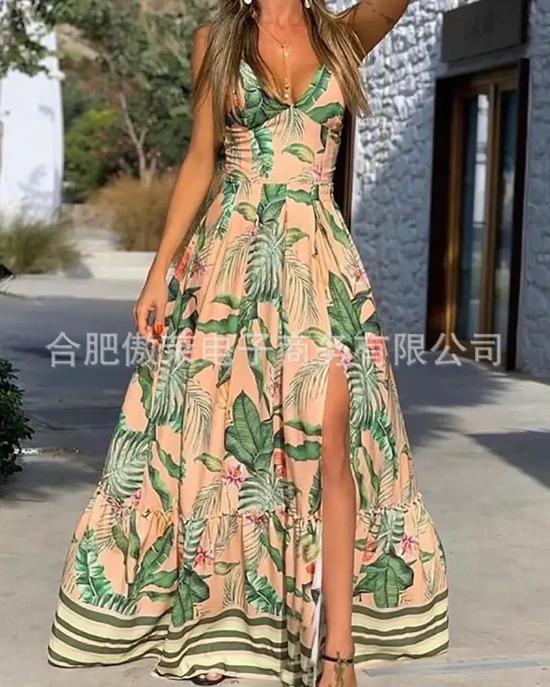 Vestido maxi de fenda alta estampado tropical feminino, vestidos de festa sem costas florais, cintura alta, divisão boho, longo, decote em v, praia, verão