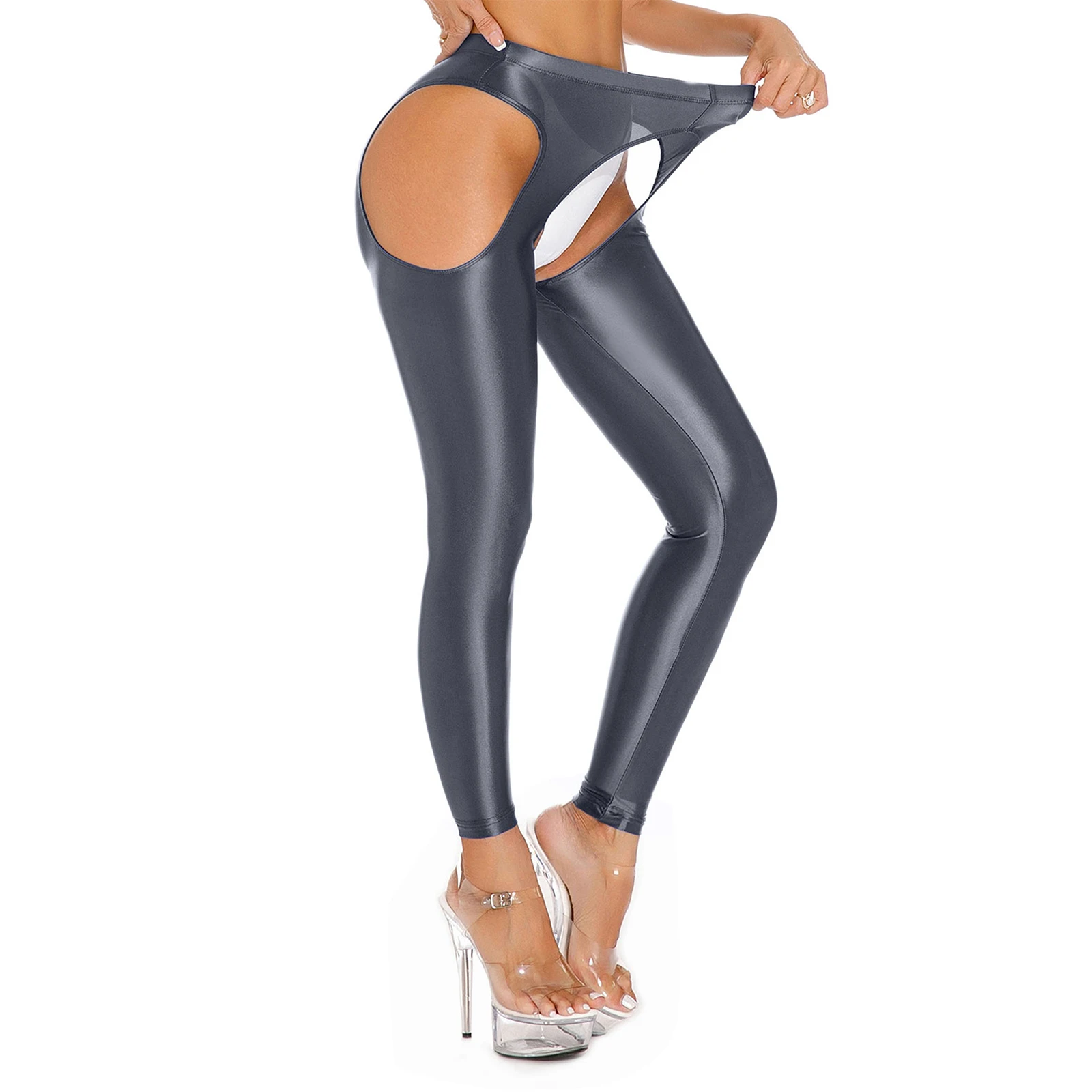 Women Spandex Cutout Leggings Trousers Glossy High Waist Tights Compression Pants Hollow Out Open Crotch Skinny Tights Underwear