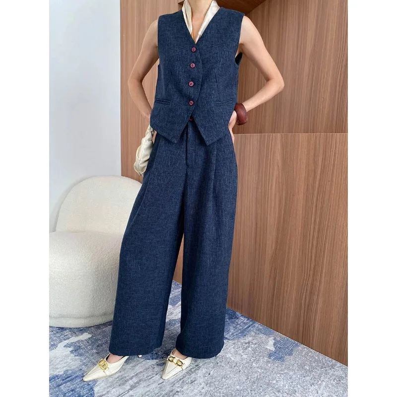 

Осенний новый французский модный комплект из 2 предметов, женский наряд, жилет без рукавов, топ, широкие брюки, комплекты