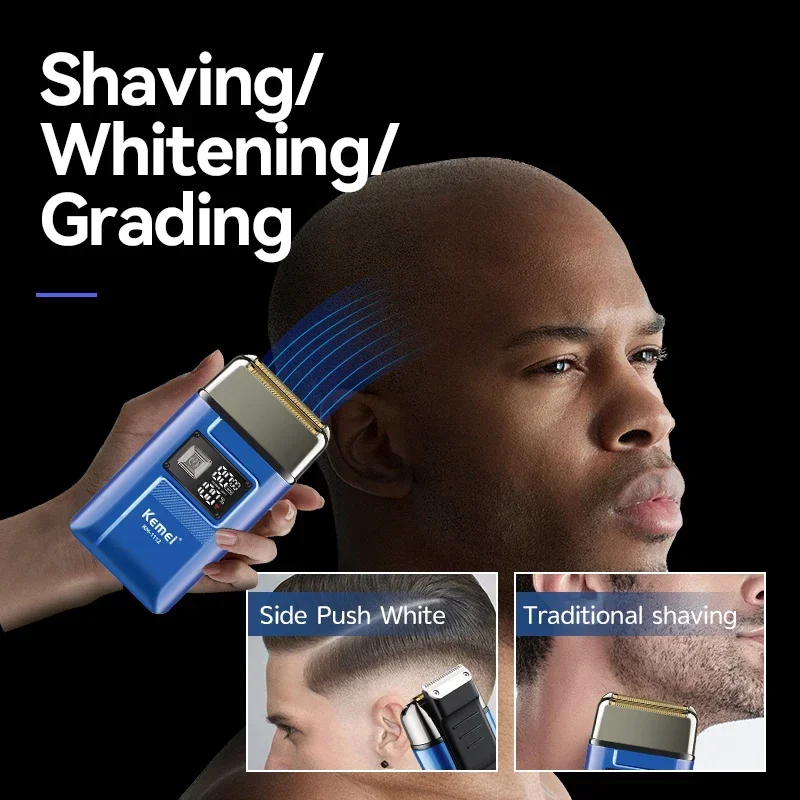 Kemei-barbeador elétrico para homens, barbeador de folha dupla, cabeça careca, aparador de barba, impermeável IPX6, 8000RPM, precisão ultra próxima