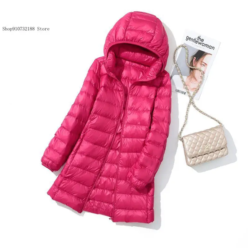 Stylish European and American Women Long Down Jacket with Detachable Hood Perfect for Casual and Commuting Lightweight and Warm