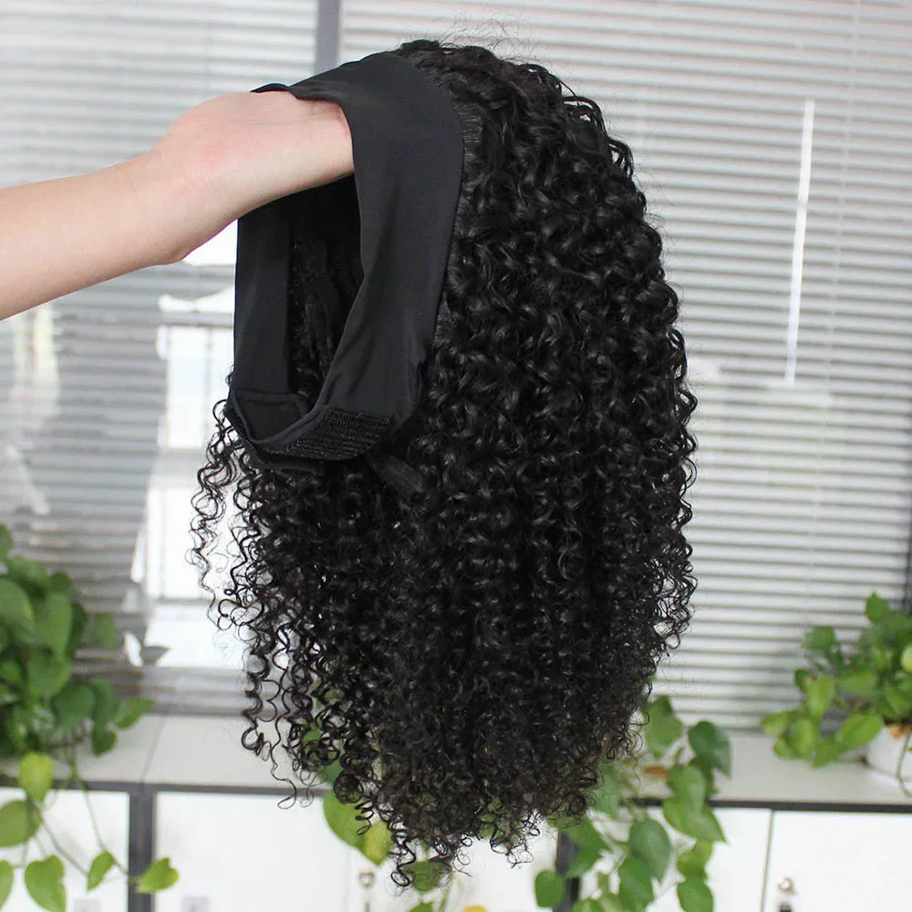 kinky Curly Headband Wig Remy Indian Human Hair Full Machine Made Wigs 180% Density Scarf human hair wigs
