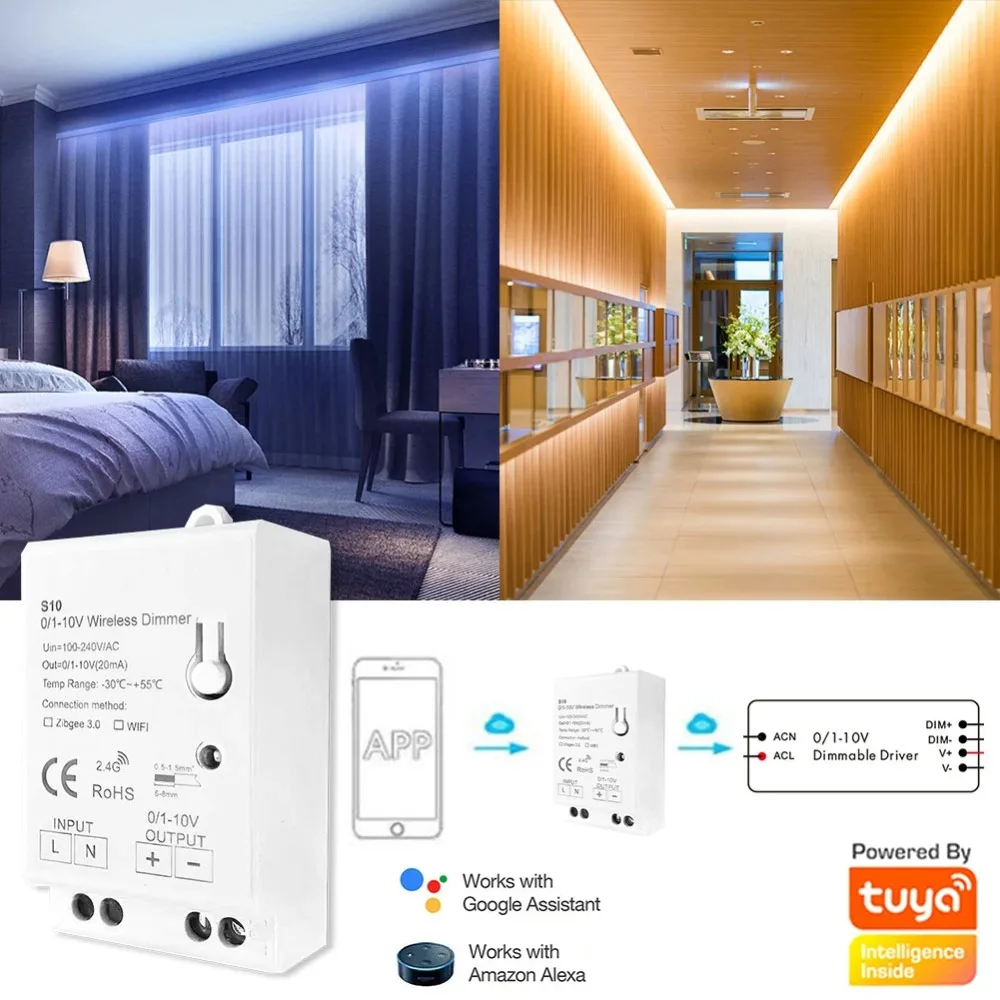 AC 100-240V Tuya WiFi Controller LED Lights Dimmer 0/1-10V Smart Home APP Wireless Control Voice Works with Alexa Google Home