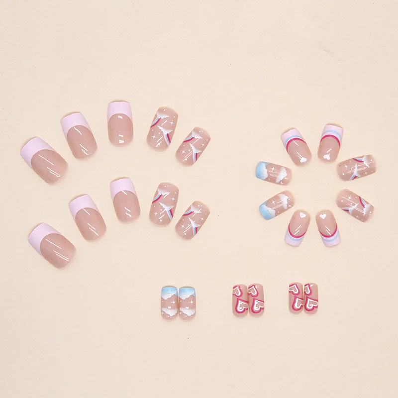 24 Stuks Draagbare Pers Op Nail Art Volledige Dekking Faux Valse Nagel Met Gereedschap Franse Wolk Valse Nagels Kleurrijk Hart Schattig Vierkant