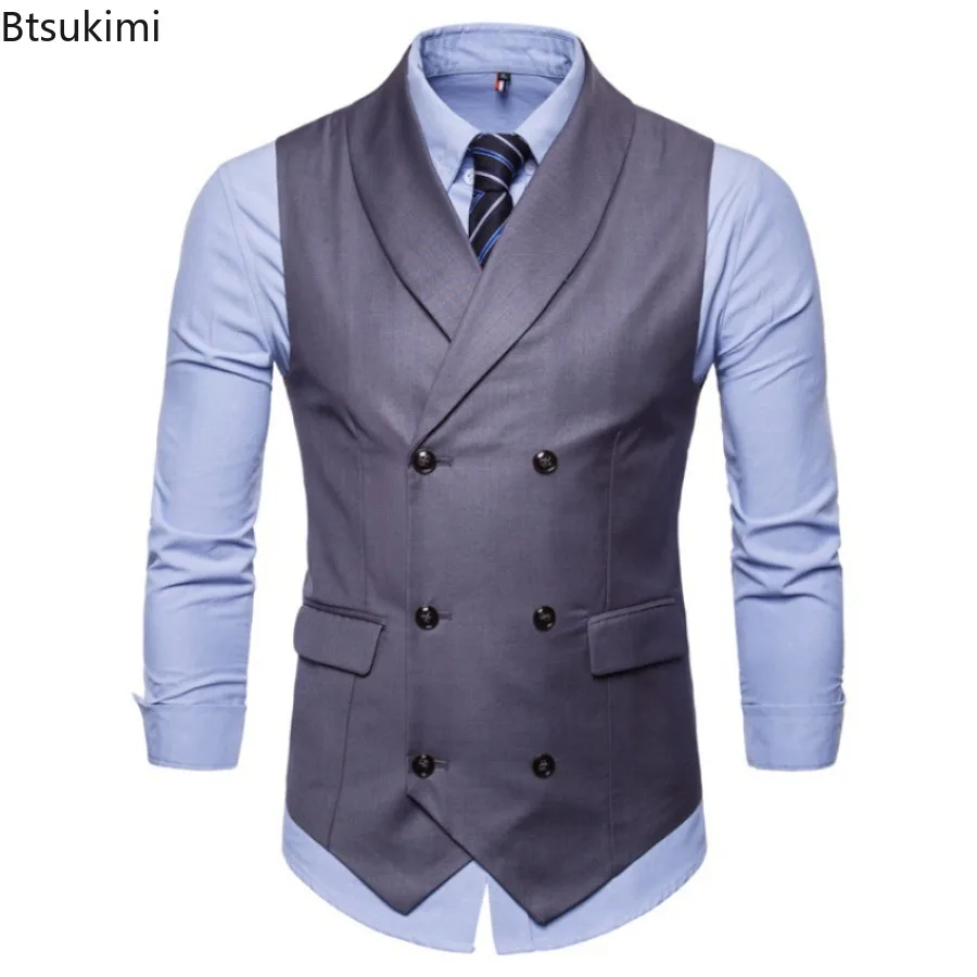 Men's Suit Vest Solid Dress Vest Male Double Breasted Waistcoat Slim Fit Formal Business Sleeveless Men's Vests Plus Size 4XL
