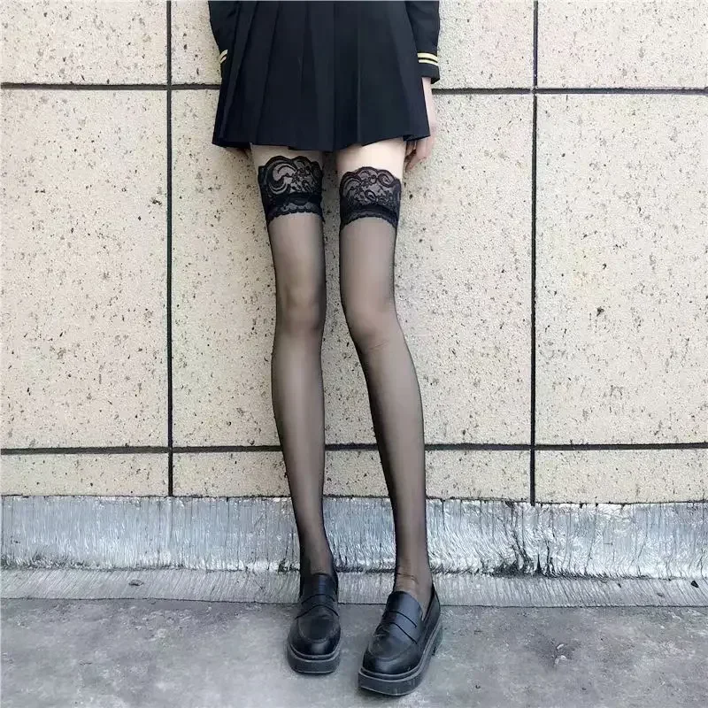 JK Kostuums Vrouwen Sexy Dij Hoge Netkousen Lolita Meisjes Gothic Punk Transparant Over de Knie Rode Brede Rand Lange Sokken