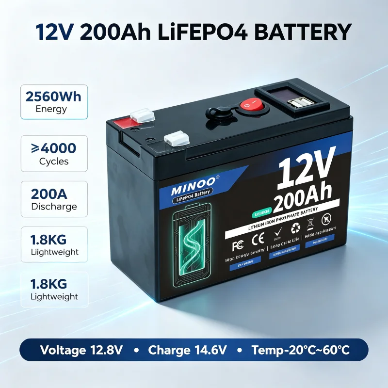 12V 200Ah LiFePO4 Solar Battery Deep Cycle Rechargeable Built-in BMS Lithium 200000mAh for Power Wheels Scooters Fish Finder