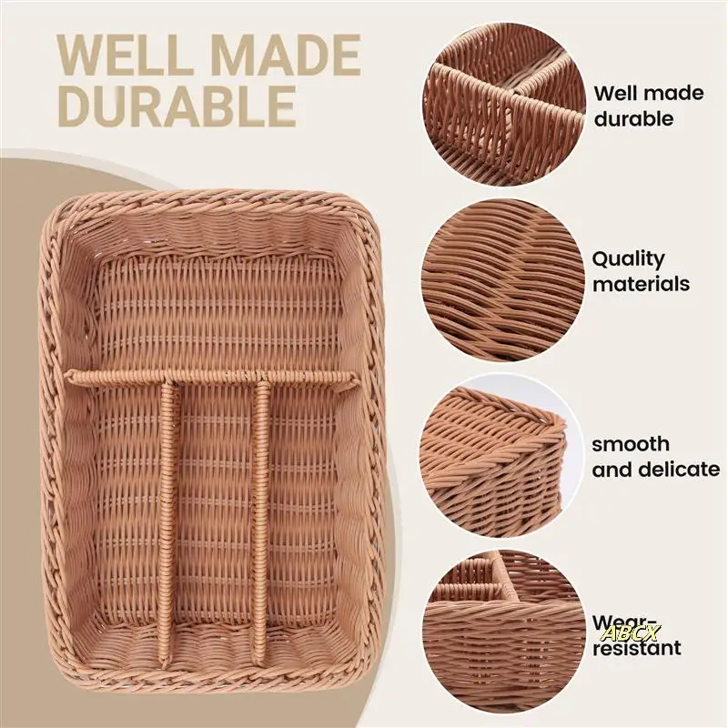 

Kitchen Drawer Organizer Cutlery Storage Basket 4 Compartments Kitchen Forks Knifes Rattan Storage Tray