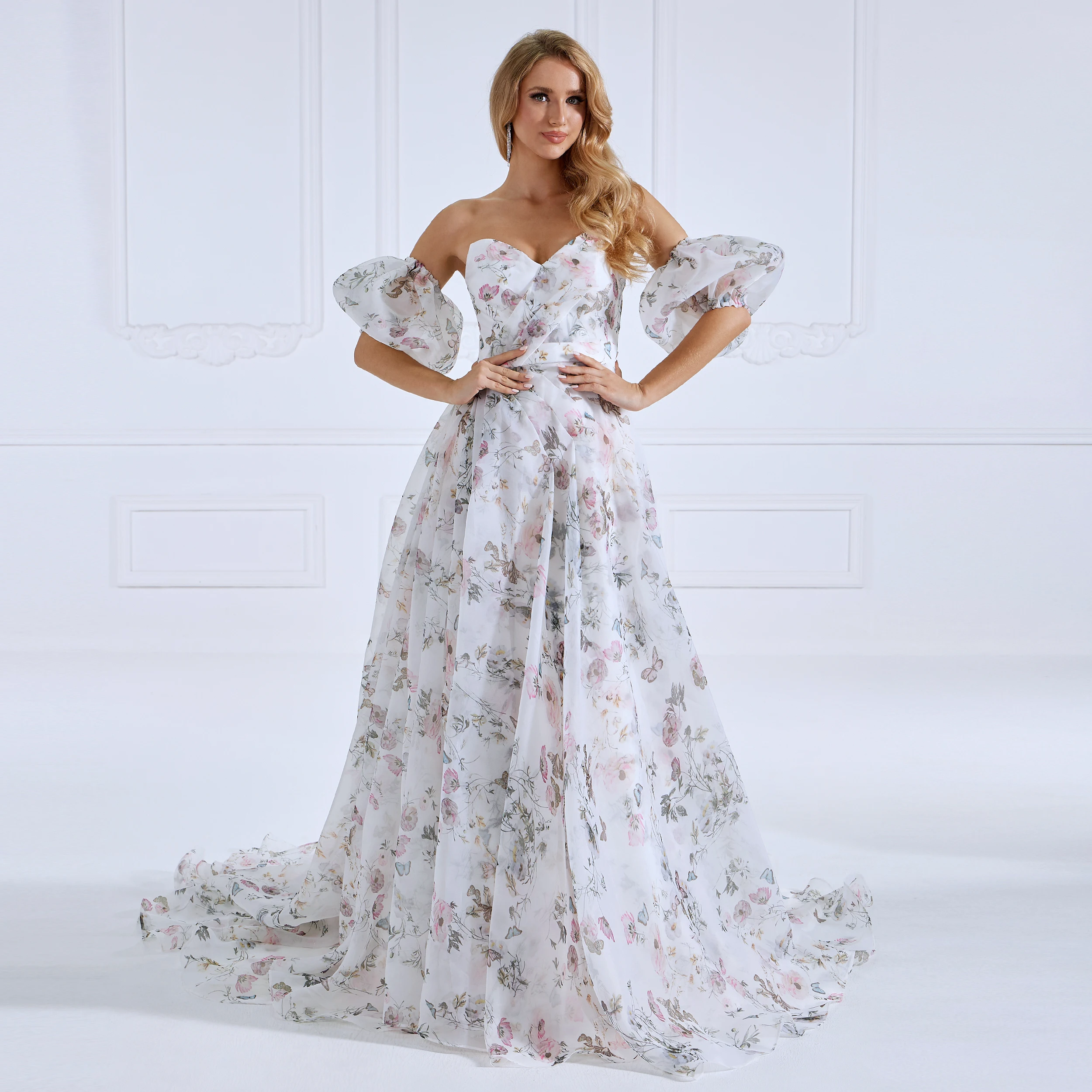 Elegant Print Floral Sweatheart Neckline Off Shoulder Evening Dresses Photo Shoot YW230730