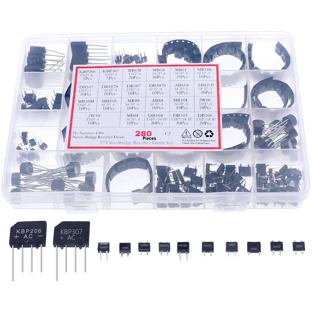 280Pcs 27 Styles Bridge Rectifier Kit DB106 KBP206 KBP307 MB6M MB10F MB6S DB107 DB207 ABS10 MB10M 2W10 MB8F DB104 ABS8 ABS210