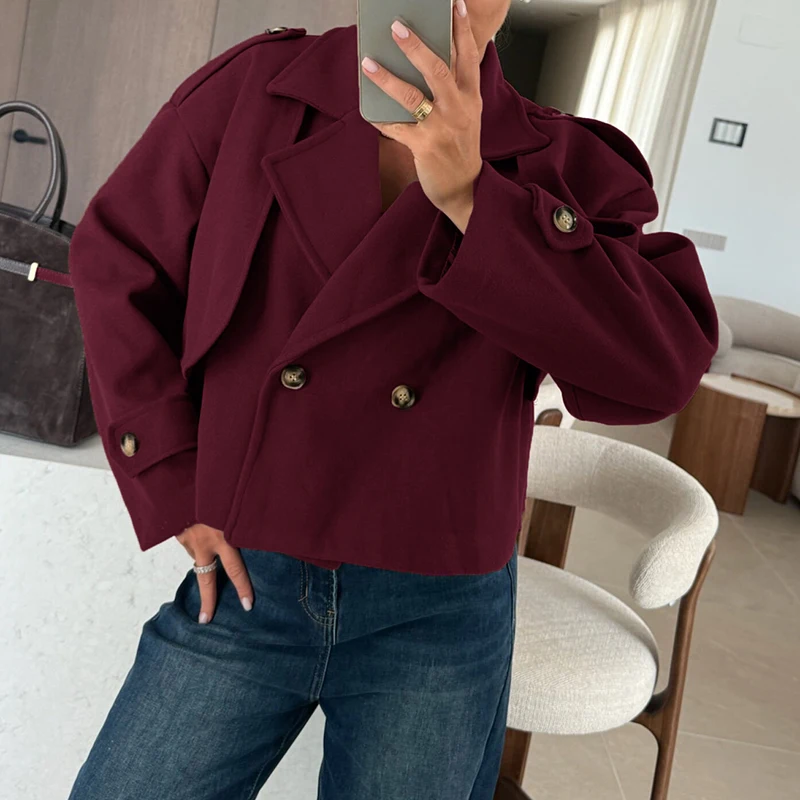 

Winter Fashion Button Solid Color Short Jacket Women Casual Long Sleeve Loose Outercoat Autumn Elegant Lapel Collar Woolen Coat