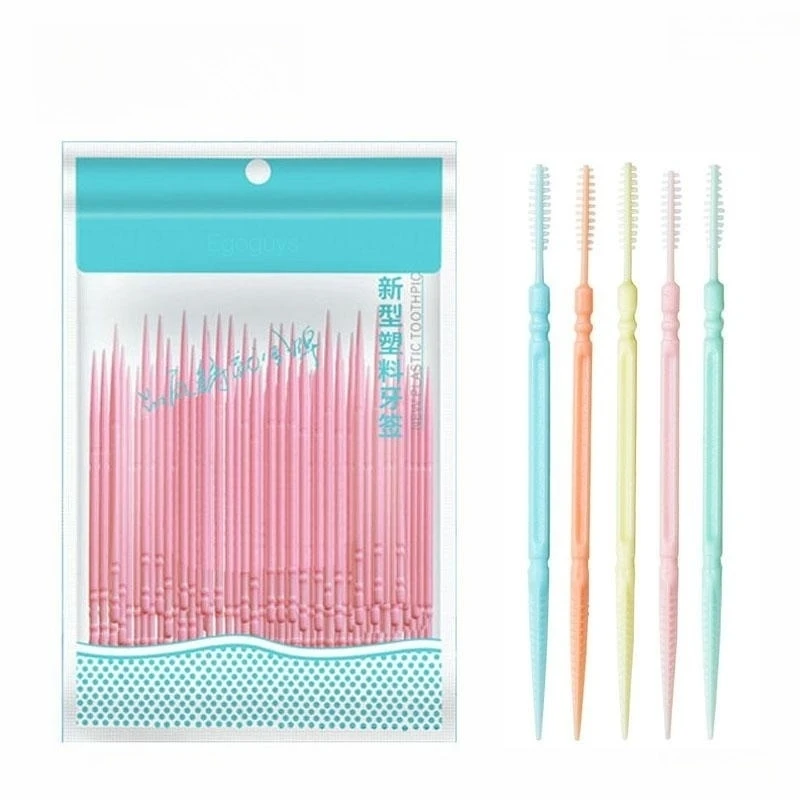 100PCS Plastic Double-end Toothpick Clean Teeth Interdental Brush Dental Floss Oral Hygiene Care Tooth Pick Stick Tool 6.3cm