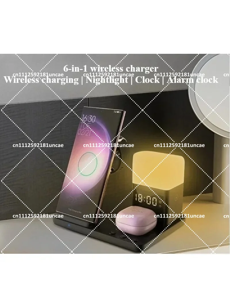 6-in-1 Night Light 15W Desktop Alarm Clock Stand Quick Wireless Charger for Mobile
