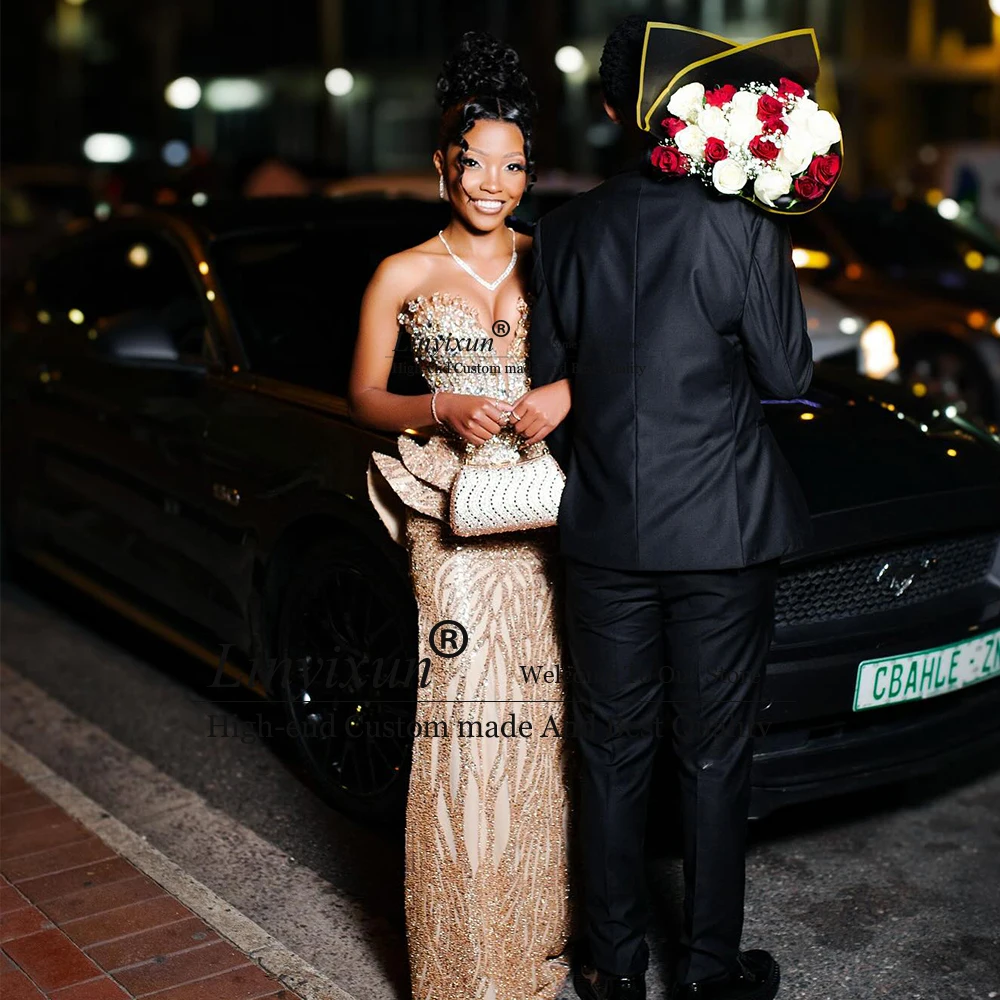 

Великолепные платья для выпускного вечера с кристаллами для женщин, блестящие блестки, платья русалки для свадебной вечеринки, индивидуальное кружевное платье сзади, robe de soiree dubaï