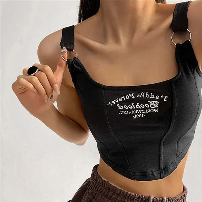 New Spring Summer Sexy Print Letter Short Tank Tops Women'S Irregular Crop Top Y2k Summer Buckle Vest  Embroidery  With Bra Pad