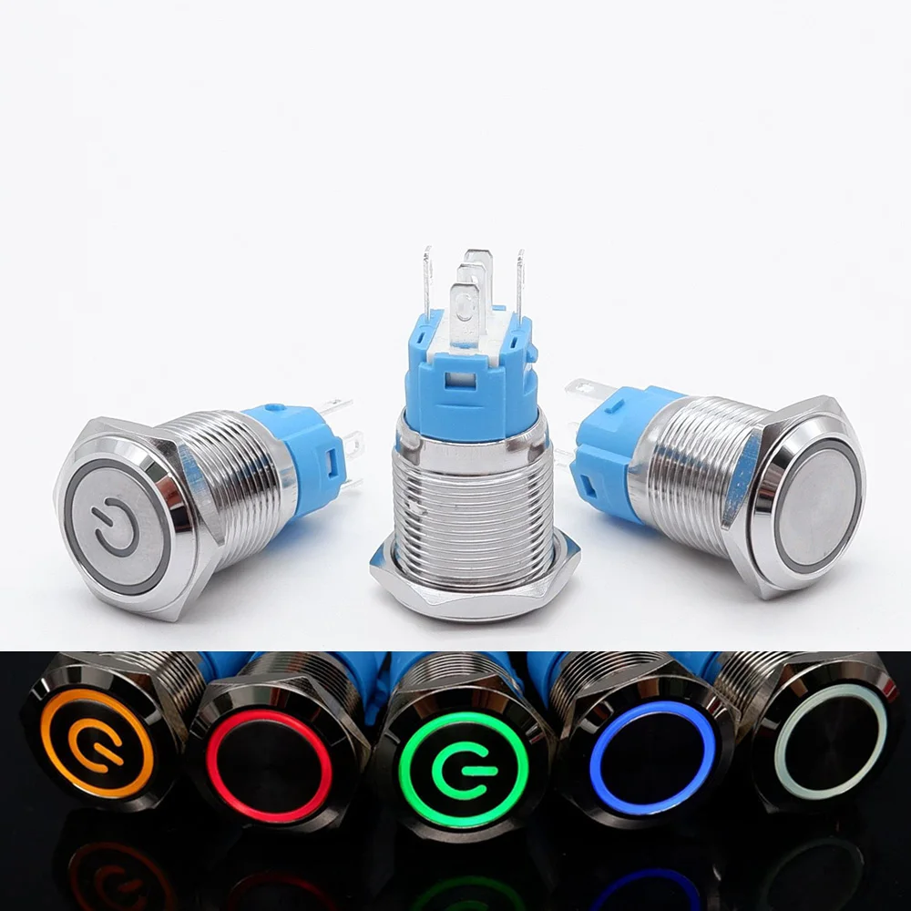 16/19/22mm Metal Button Switch Circular Power Symbol LED Car Light PC Start Button Switch Flat Head 5v 12V 220v Momentary Lock