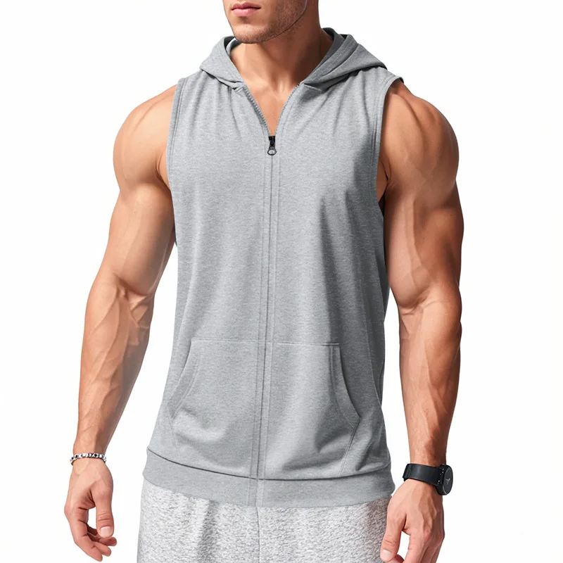 American Summer Neue Kapuzenweste für Herren, Sport, Fitness, Training, Reißverschluss, Strickjacke, ärmellose Weste – Detail 15