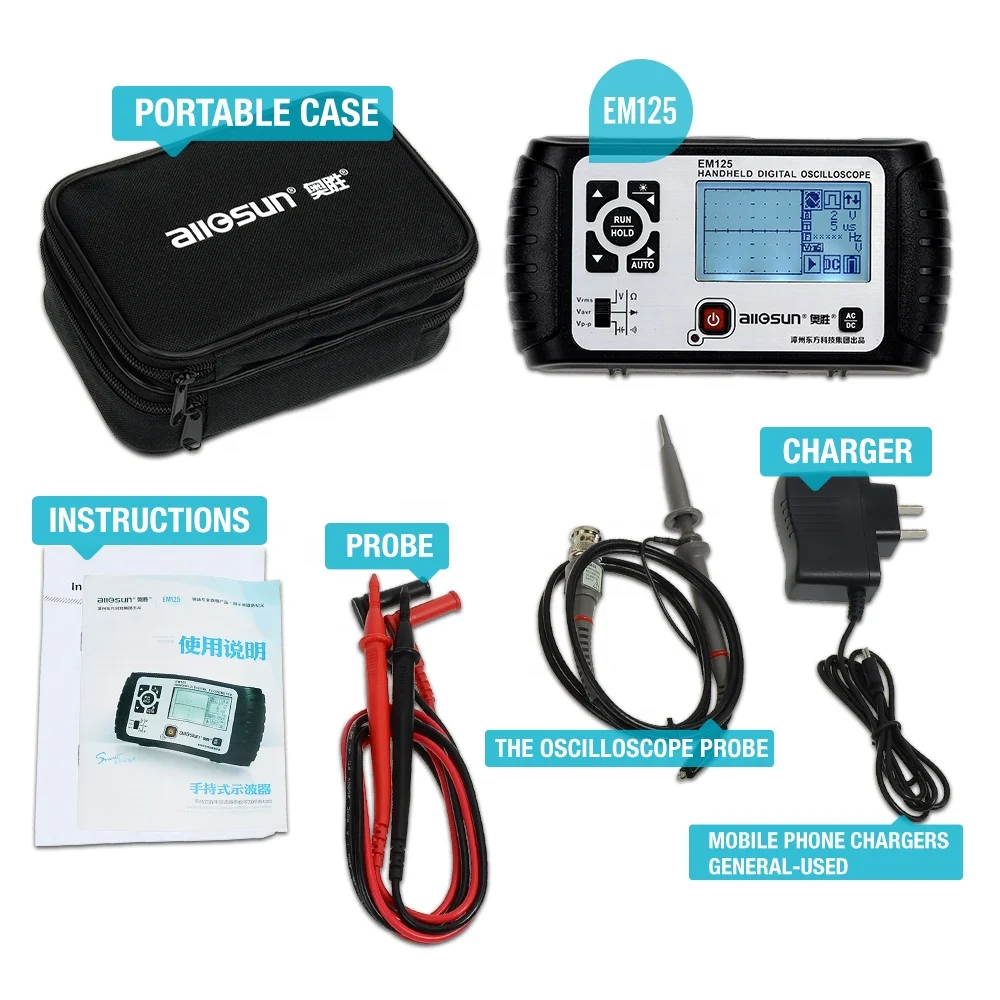 All-sun EM125 Handheld Digital Storage Oscilloscope 25MHz 100M Sa/s Scope Meter with LED backlight stock in US