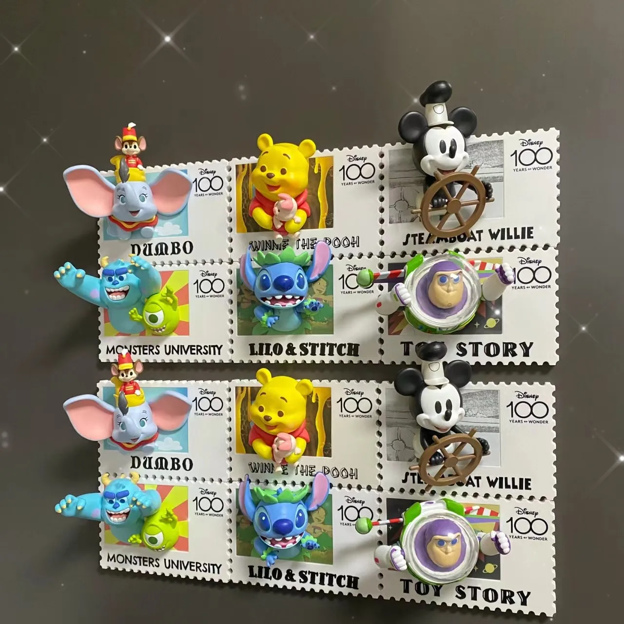 New Spot Goods Disney 100th Anniversary Retro Stamp Figure Mickey Mouse Stitch The Pooh Refrigerator Sticker Model Statue Toys