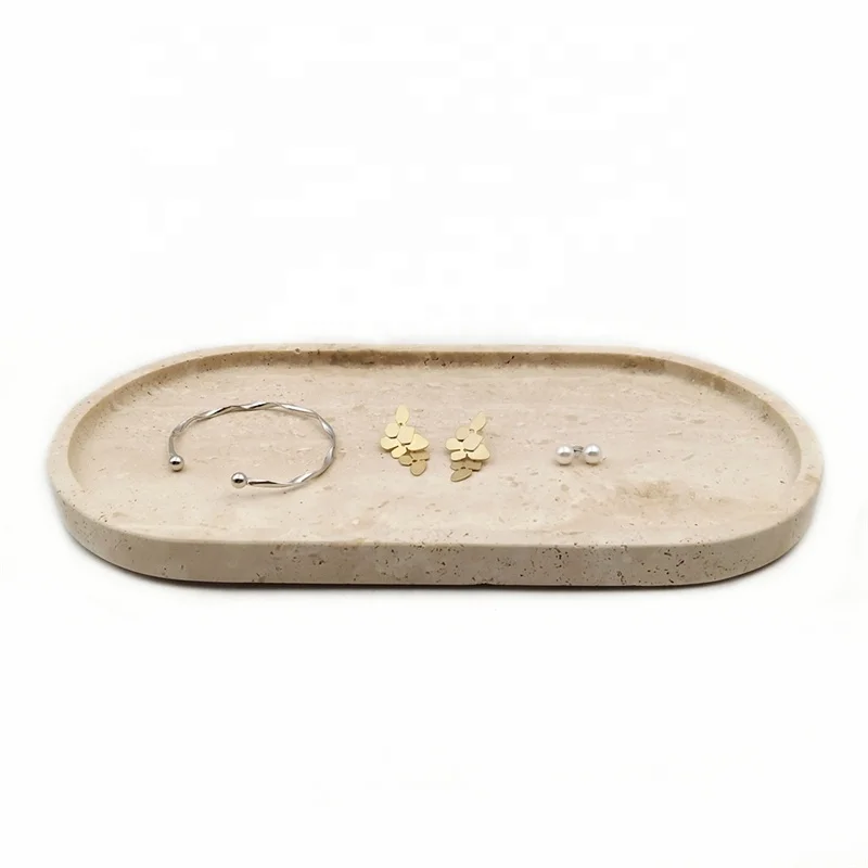 Wholesale 20pcs Customized Beige Travertine Serving Tray Marble Stone Nordic Bathroom Vanity Tray For Home Decoration