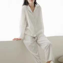 Sleepwear For Women Pajamas 100% Cotton Long Sleeve Blouse + Loose Pants Casual Workout  White Color Outfit Suit With Pockets