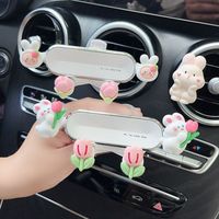 Cartoon Rabbits Car Phone Holder Flower Air Vent Clip Mount Mobile Phone Rack With Incense Clip Car Accessories