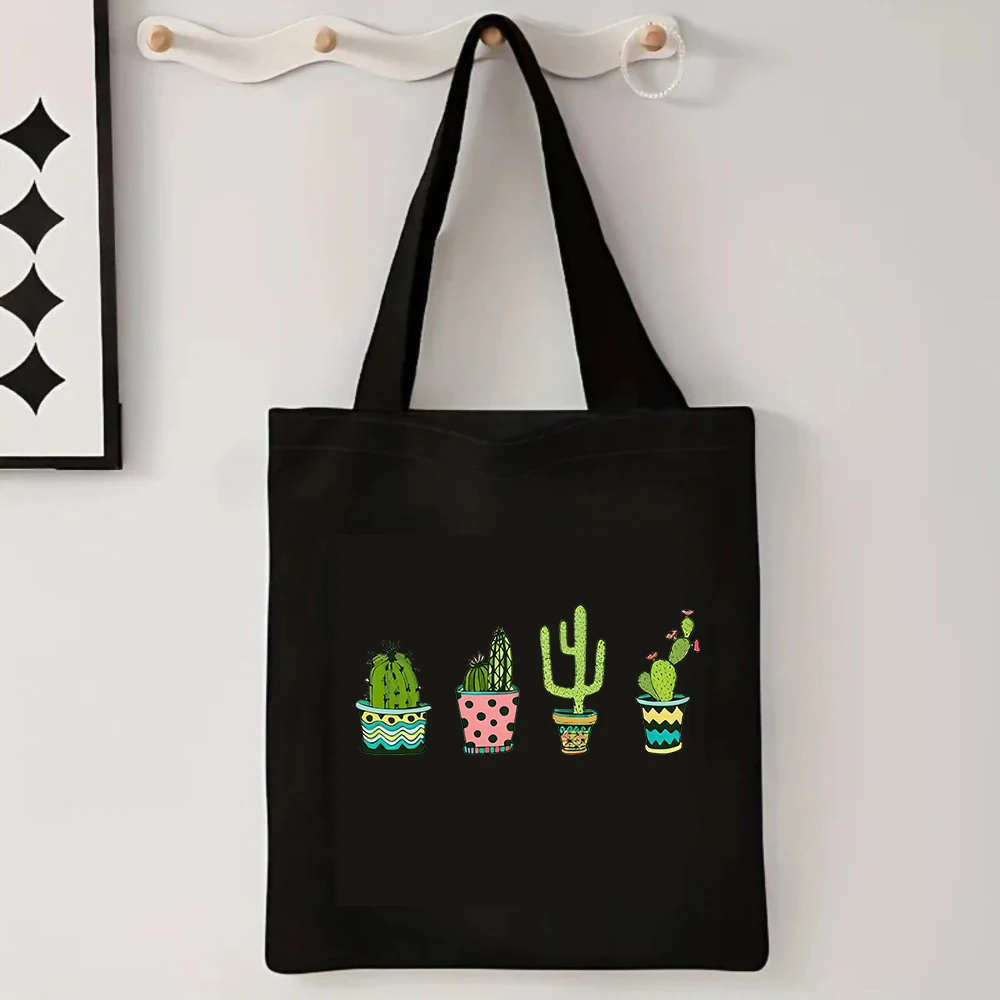 Colorful Cactus Print Canvas Tote Bag, Eco Friendly Plant Lover Casual Shoulder Bag For Women, Reusable Shopping Bag