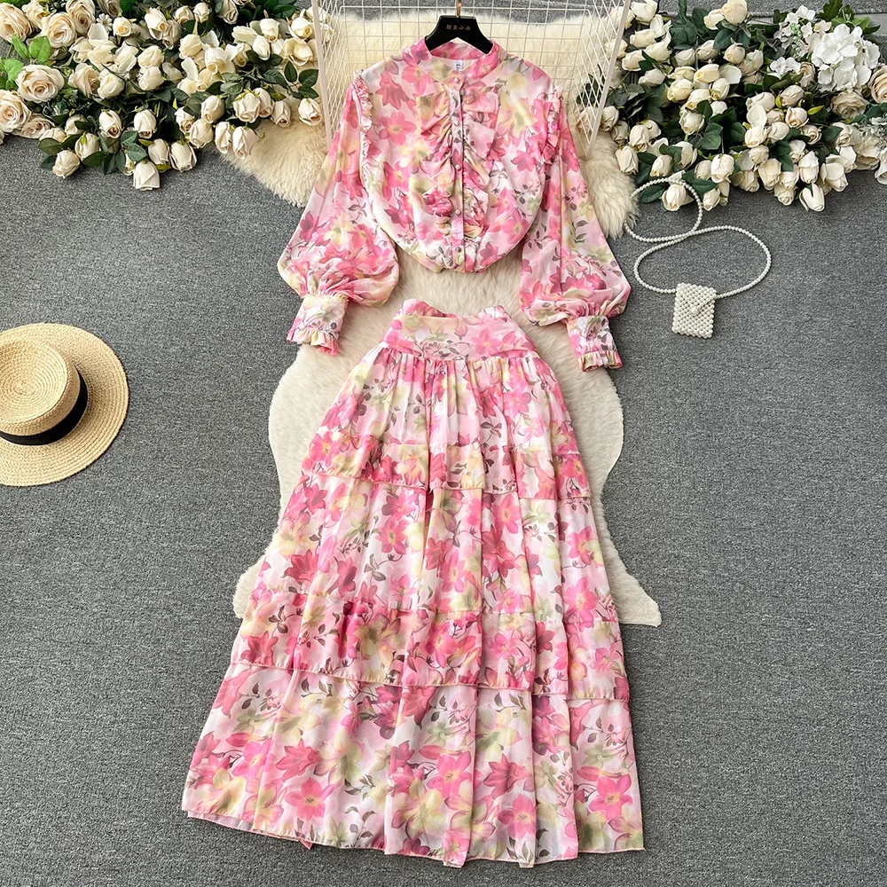 

Croysier Autumn Two Piece Set Women Outfit Ruffled Button Up Shirt And Long Skirt Matching Set Vintage Floral Print Skirts Sets