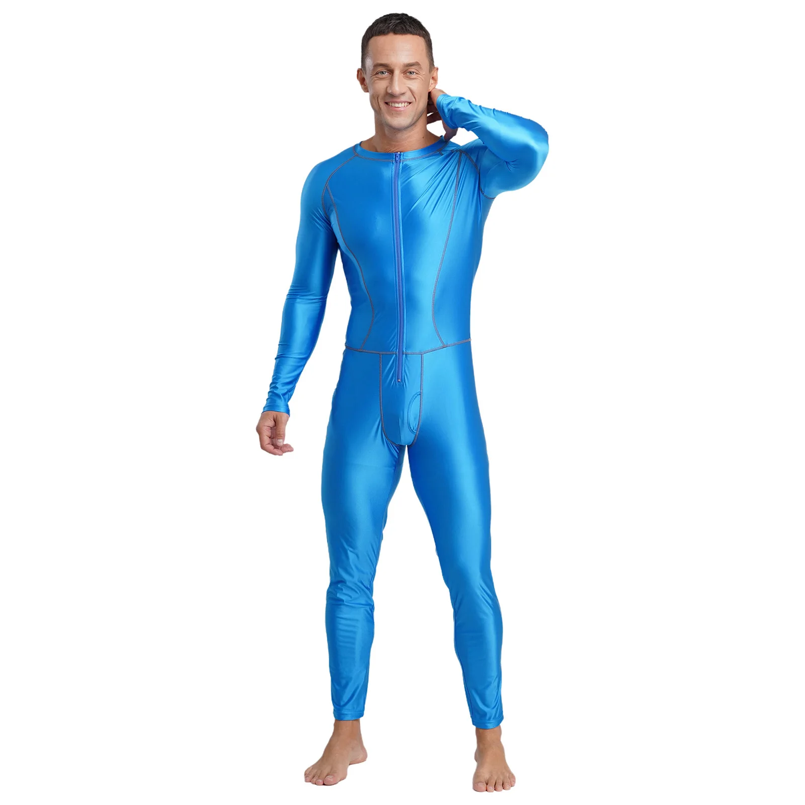 Men Glossy Slim Jumpsuit Outer Flat Seams Long Sleeve Compression Rompers Bodysuit for Swimming Yoga Workout Gym Shape-wear