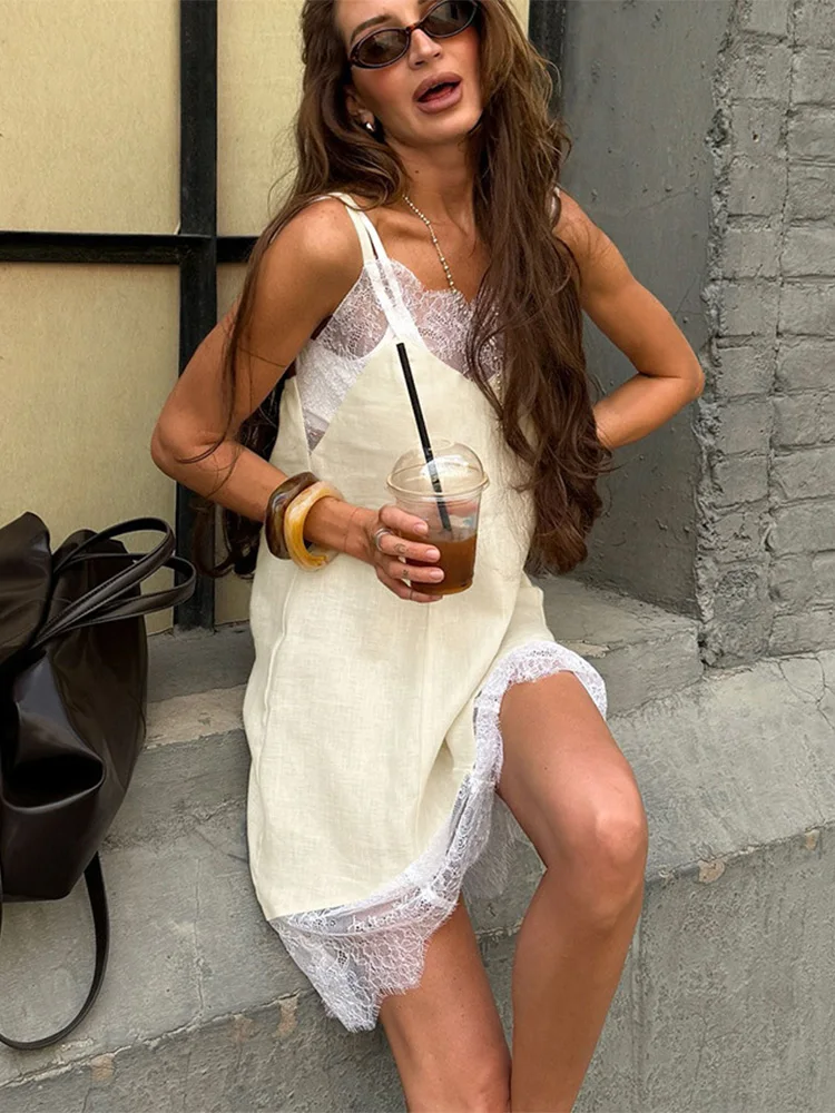 Trendix Abito sottoveste casual in pizzo per donna Sexy trasparente Boho con spalle scoperte Abiti corti Party Club Mini abito da spiaggia scavato