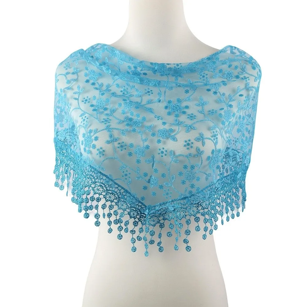 

Breathable Floral Lace Shawls Embroidered Tassel Spanish Lace Mantill Thin Elegant Lace Flower Lace Triangle Scarf Women Wedding