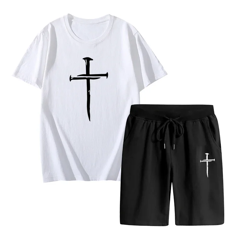 

2025 Summer Hot Sale Fashion Cross Printed T-shirt + Sports Shorts 2pcs Set Classic Male Daily Casual Short Sleeved Tee Suit