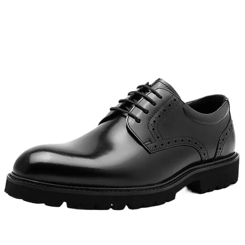 Derby Shoes For Men's Genuine Leather Lightweight Sole Comfortable And Breathable Business Thick Platform Black Casual Shoes Man