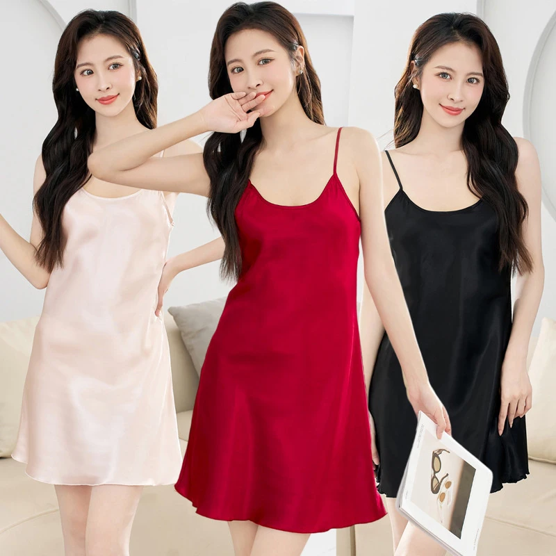 Silk Satin Solid Color Women Nightgown Sleeveless Scroop Neck Female Sleepwear Adjustable Spaghetti Strap Nightwear Homewear