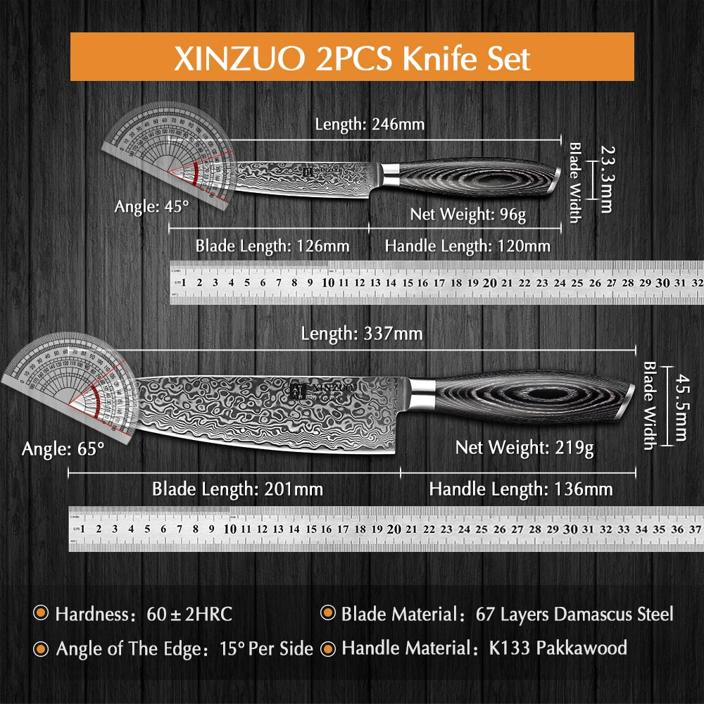 XINZUO 2PCS Kitchen Knives Set 67 Layers Damascus 8\'\'Chef 5\'\'Utility Knife High Carbon Stainless Steel Pakka Wood Handle