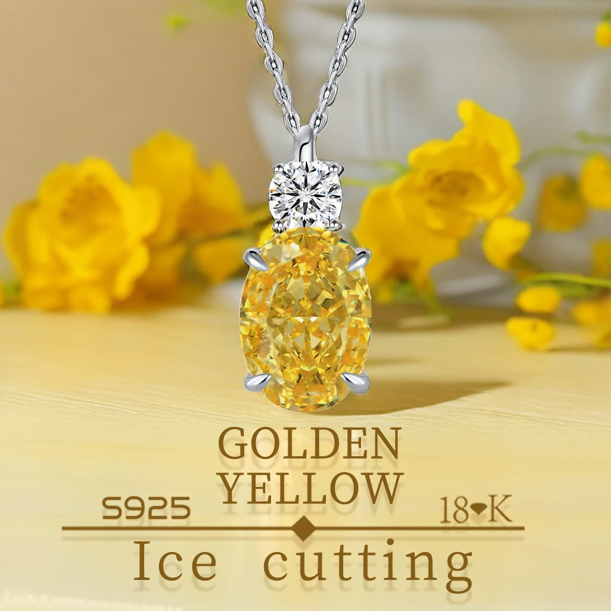 

S925 silver plated platinum and golden Oval pendant Classic style simple four-claw Excellent ice cut yellow zircon 8*10mm women