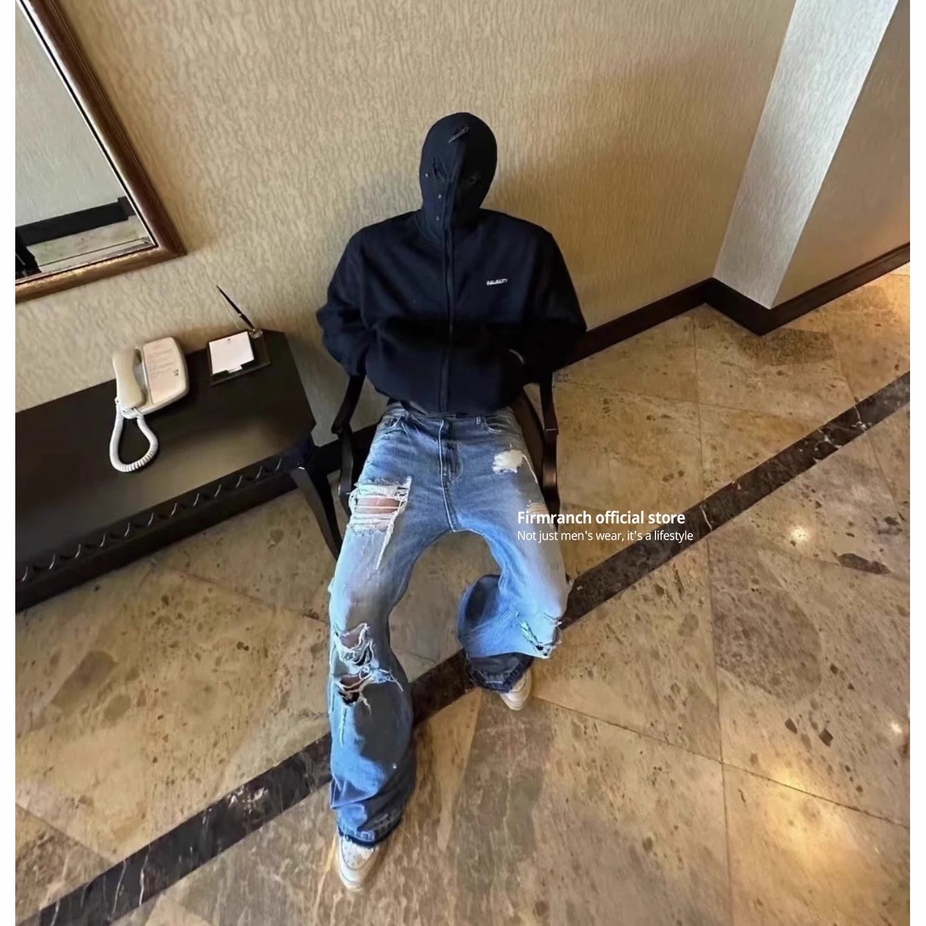 Firmranch 2024, koreanischer Stil, blaue zerrissene Jeans für Männer und Frauen, getragene Wischlänge, ausgestellte Denim-Streetwear-Catwhiskers-Hose