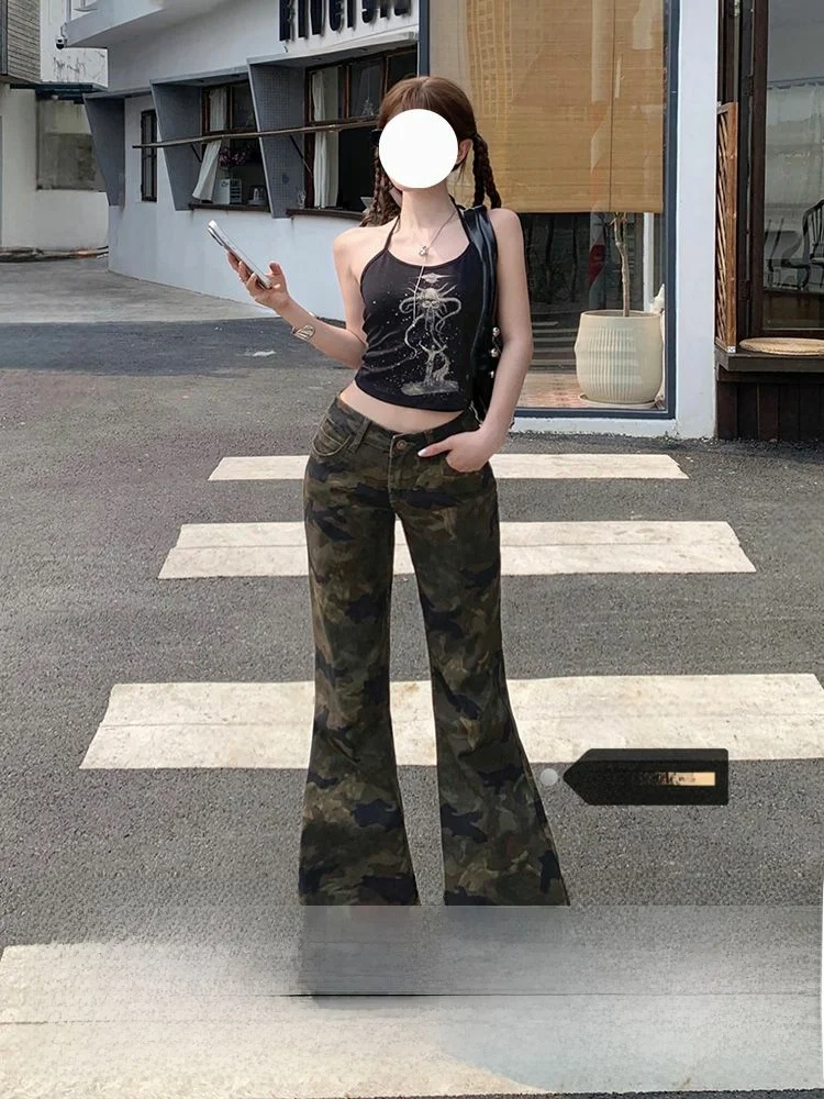 

Женские джинсы с высокой талией и широкими штанинами, камуфляжные, свободного кроя, стройнящие, прямого силуэта, осенне-зимние, новые, в уличном стиле