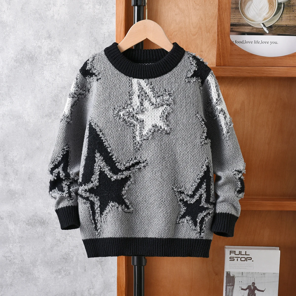 Boys' street style five pointed star sweater knitted pullover suitable for daily leisure in spring, autumn, and winter
